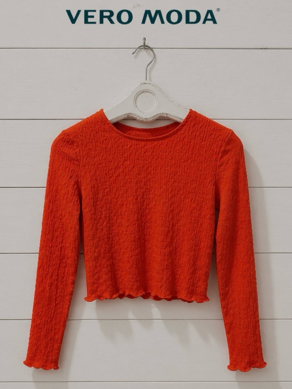 VERO MODA Textured Long Sleeve Crop Top – Reddish Orange – SizeM estimated